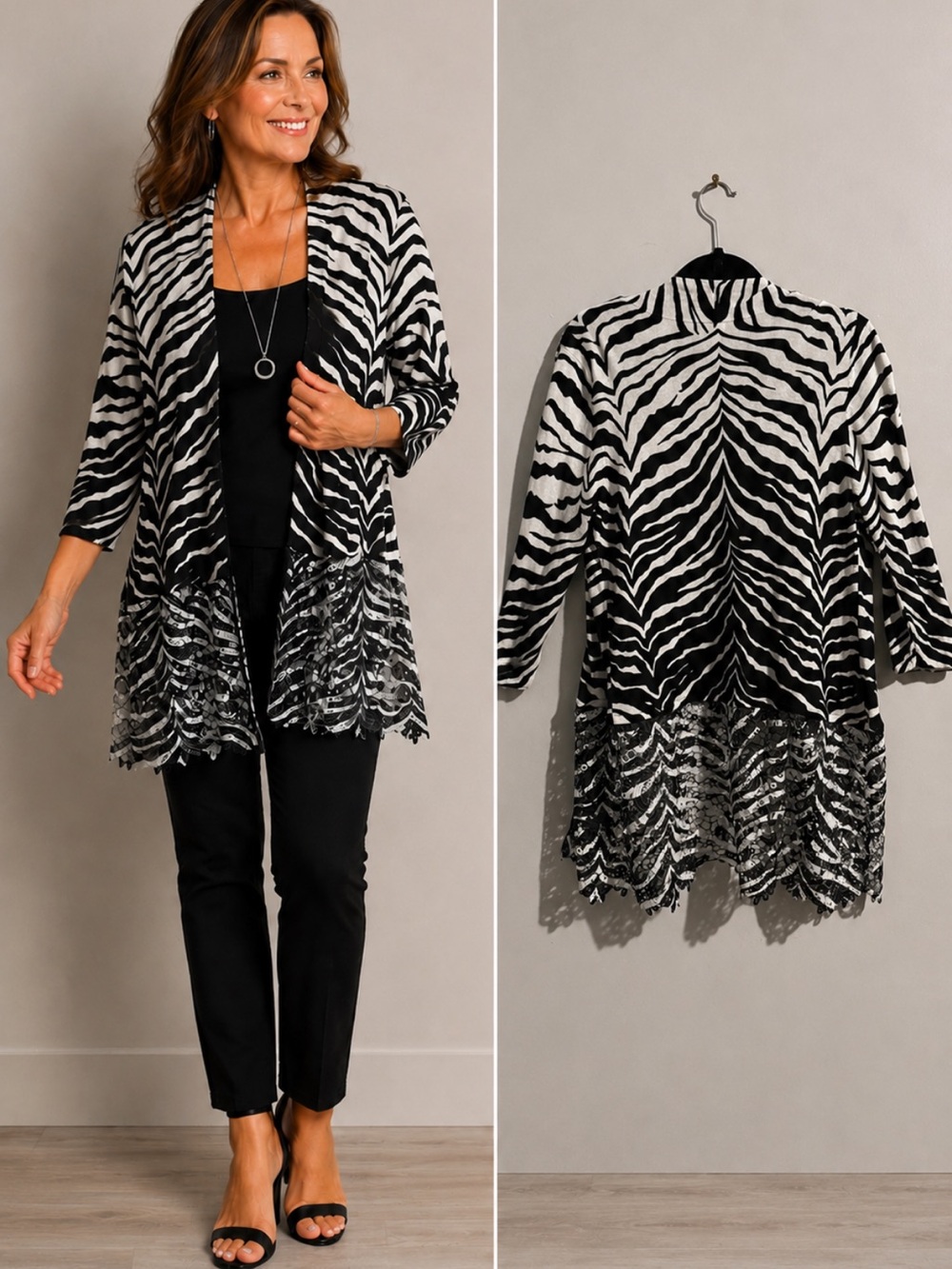 Chico’s Zebra-Print Open Front Cardigan with Lace Hem - Black & White
